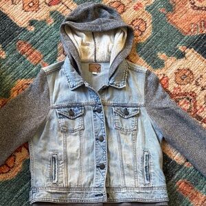 American Eagle Light Blue Denim Jacket with Dark Gray Sleeves and Hood.
